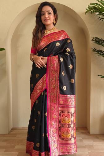Black art silk  woven saree
