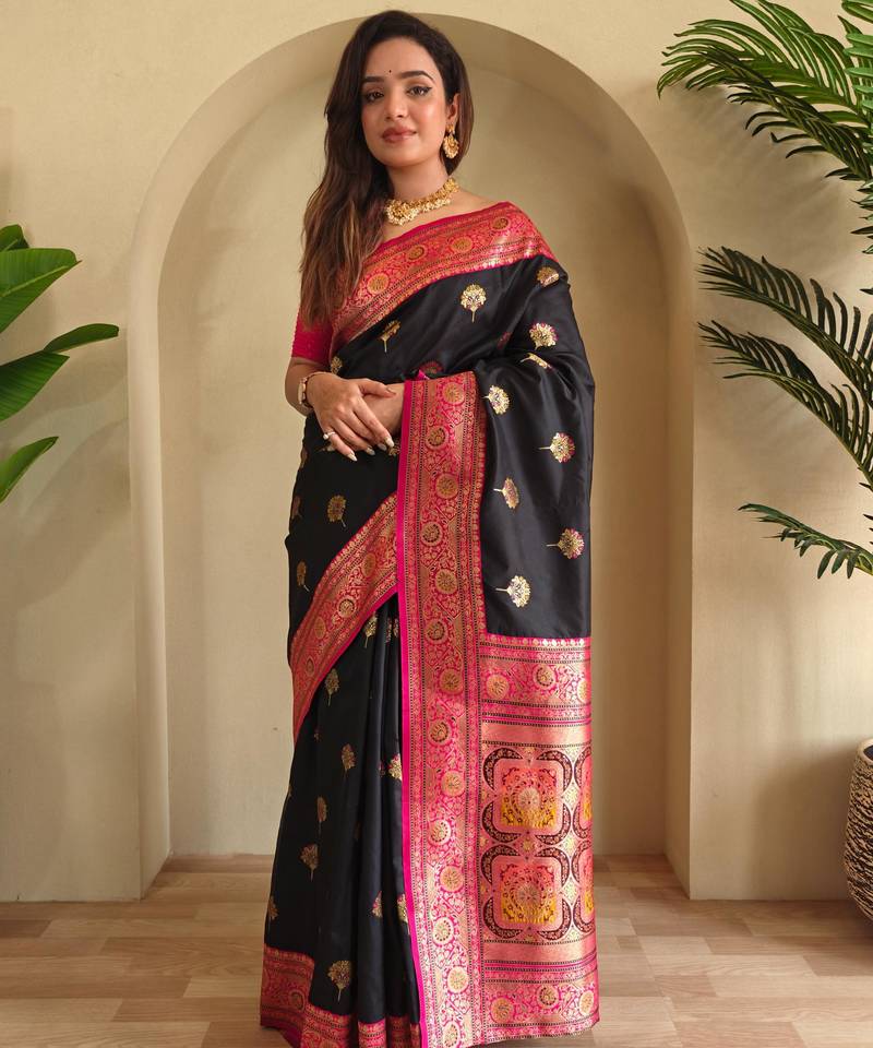 Black art silk  woven saree