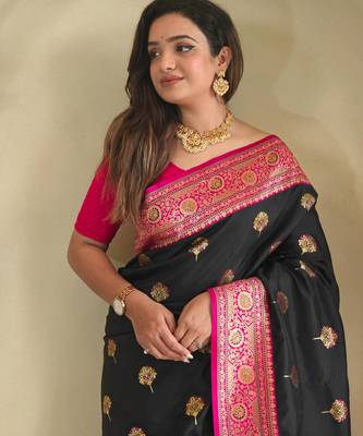 Black art silk  woven saree 4