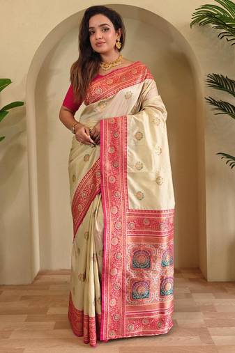 Cream art silk  woven saree