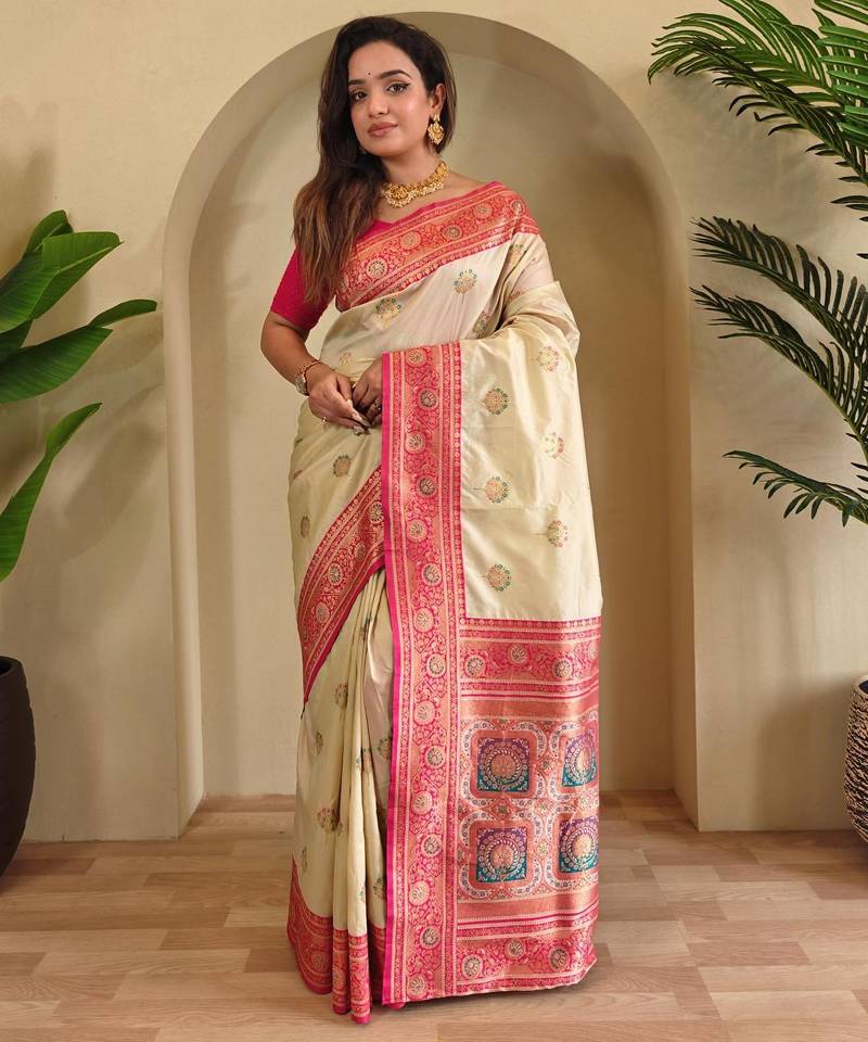 Cream art silk  woven saree