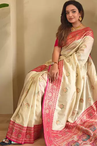 Cream art silk  woven saree