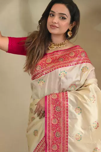 Cream art silk  woven saree