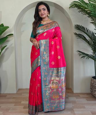 Pink art silk  woven saree 1
