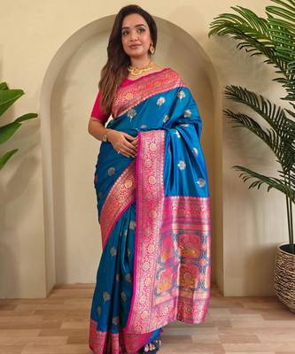Teal art silk  woven saree 1