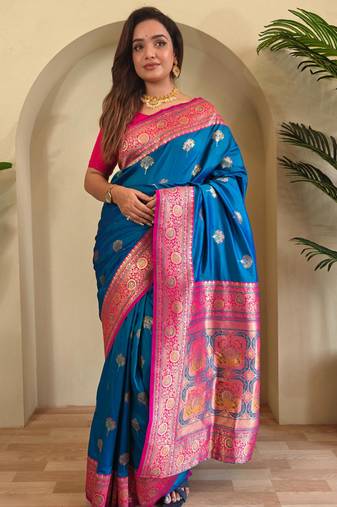 Teal art silk  woven saree