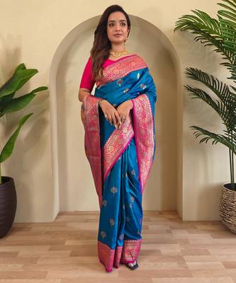 Teal art silk  woven saree 2