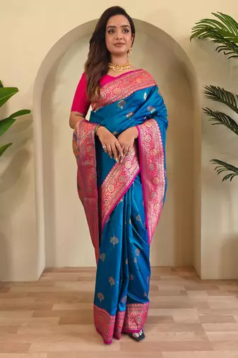 Teal art silk  woven saree