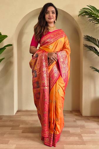 Yellow art silk  woven saree
