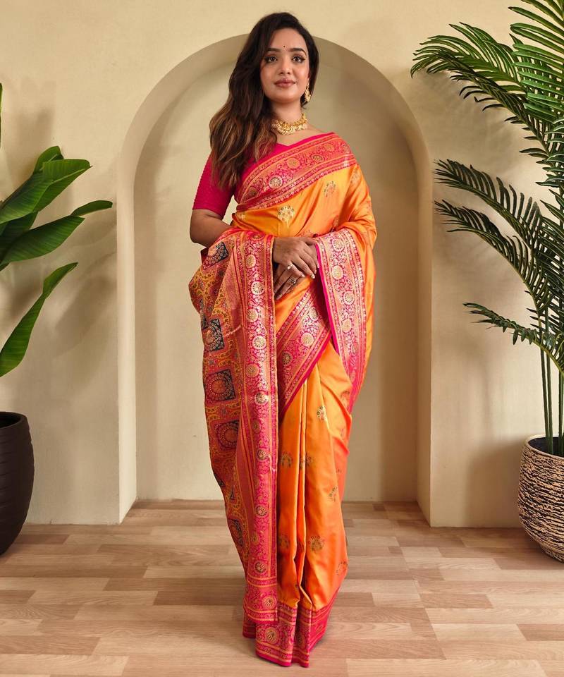 Yellow art silk  woven saree