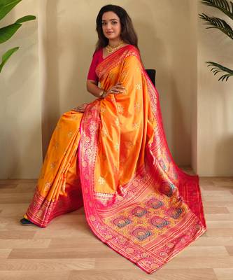 Yellow art silk  woven saree 3