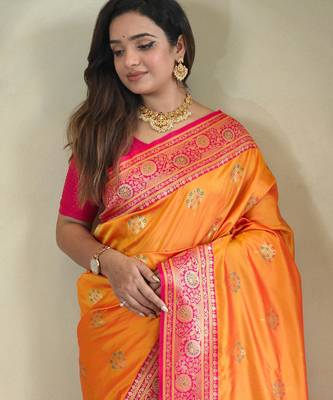 Yellow art silk  woven saree 4
