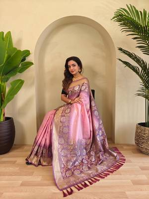 Baby pink art silk  woven saree 4