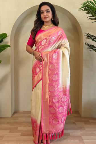 Cream art silk  woven saree