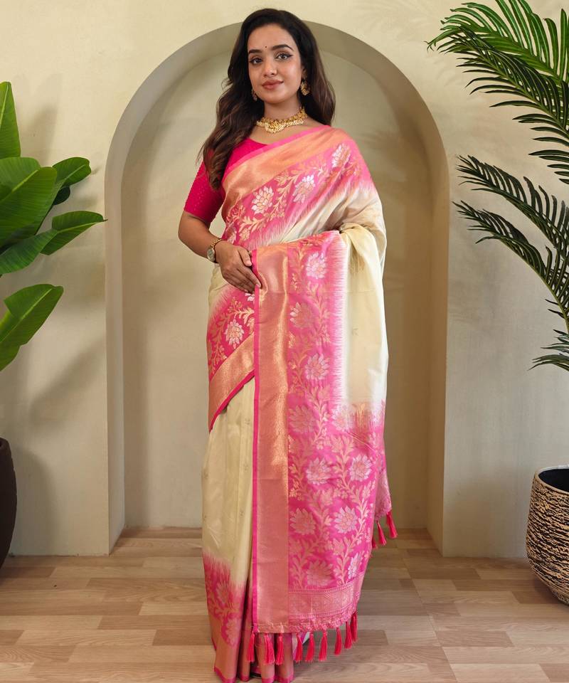 Cream art silk  woven saree