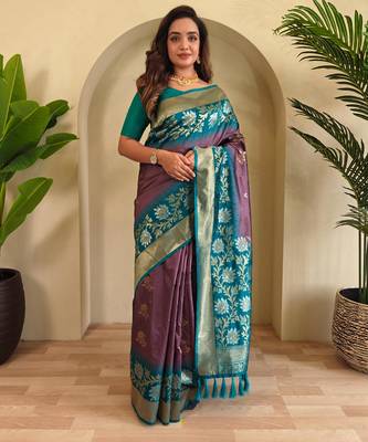 Dark onion pink art silk  woven saree 1