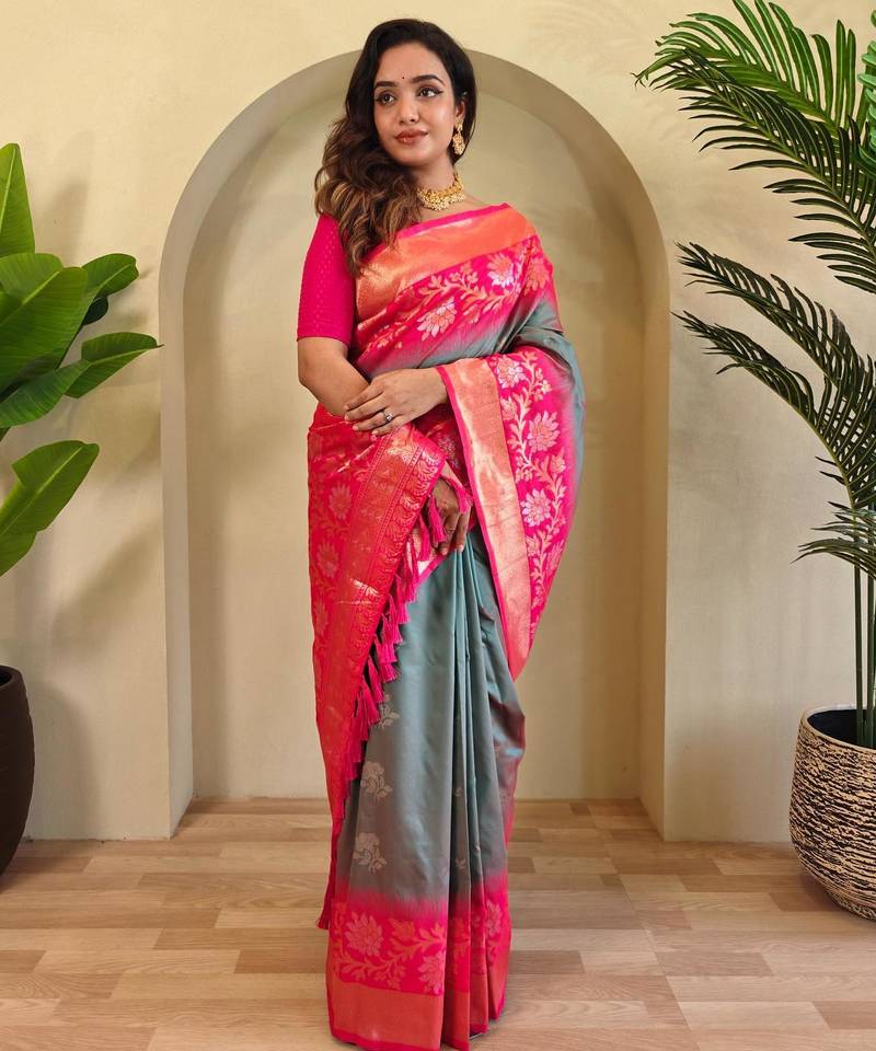 Light grey art silk  woven saree