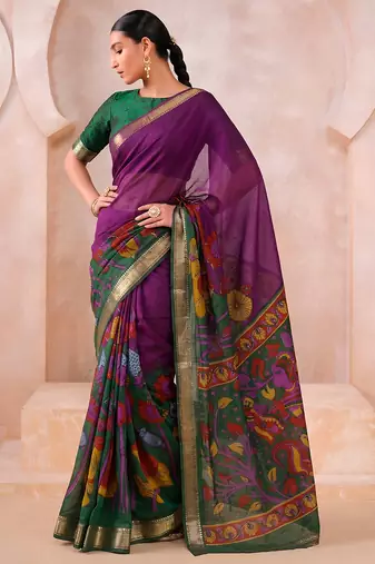 Traditional floral print chanderi saree with zari work