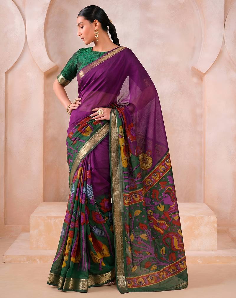 Traditional floral print chanderi saree with zari work