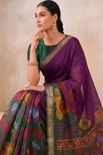 Traditional floral print chanderi saree with zari work