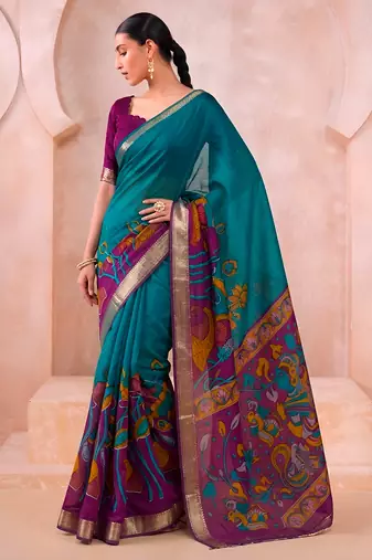 Traditional floral print chanderi saree with zari work