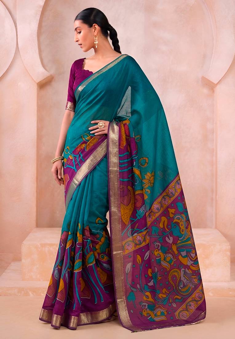 Traditional floral print chanderi saree with zari work