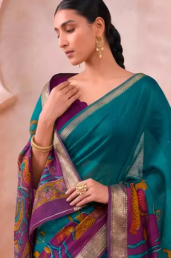Traditional floral print chanderi saree with zari work
