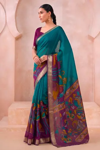 Traditional floral print chanderi saree with zari work