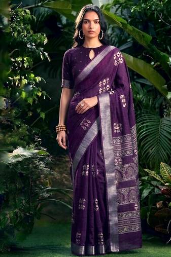 Traditional printed slub silk zari border saree