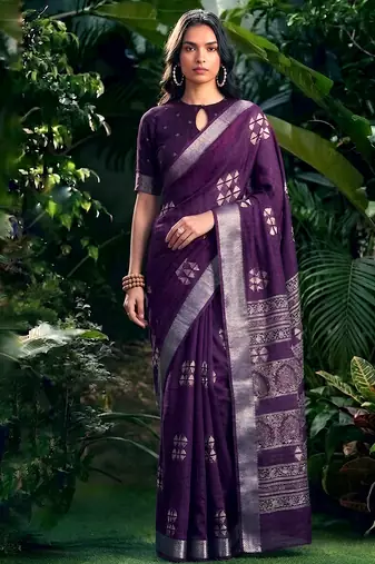 Traditional printed slub silk zari border saree
