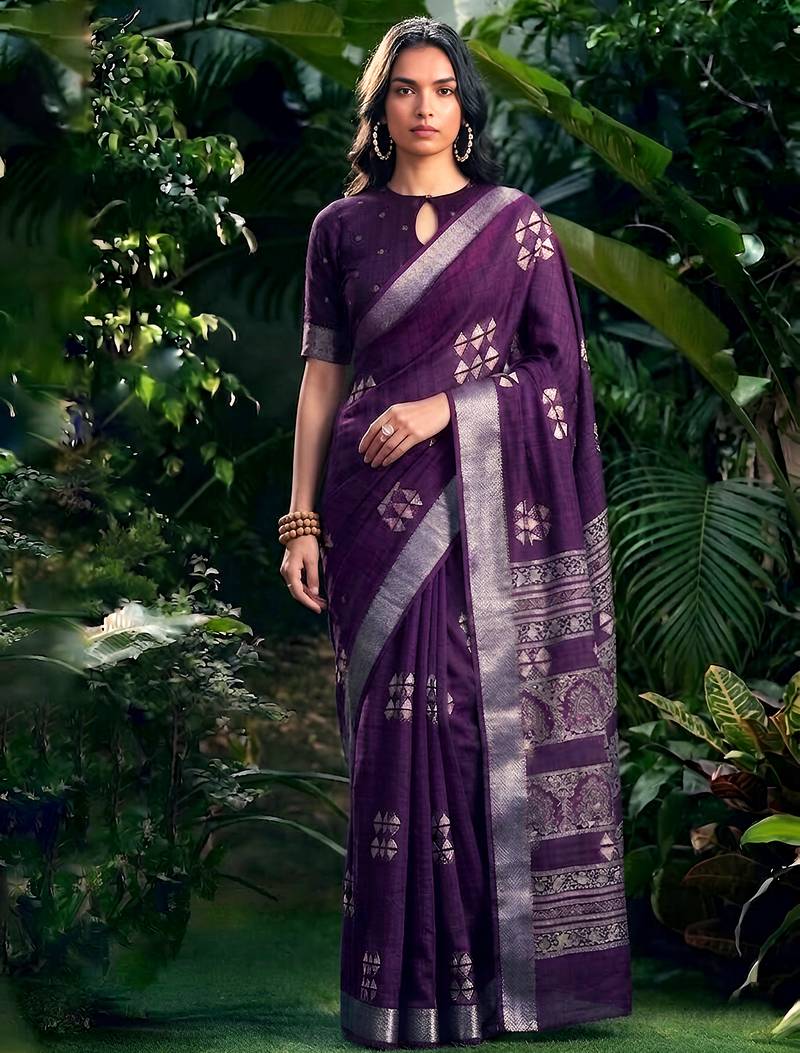 Traditional printed slub silk zari border saree