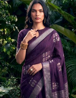 Traditional printed slub silk zari border saree 2