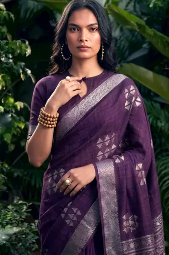 Traditional printed slub silk zari border saree