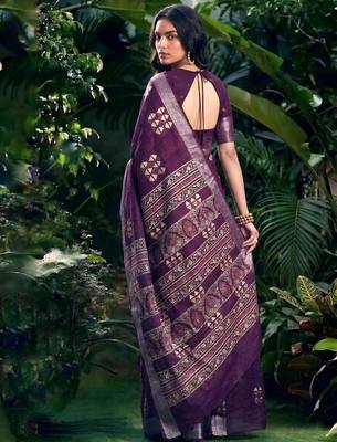 Traditional printed slub silk zari border saree 3