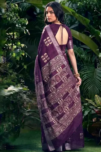 Traditional printed slub silk zari border saree