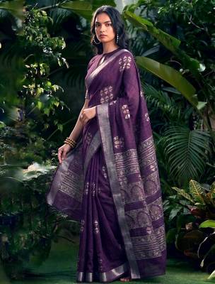 Traditional printed slub silk zari border saree 4