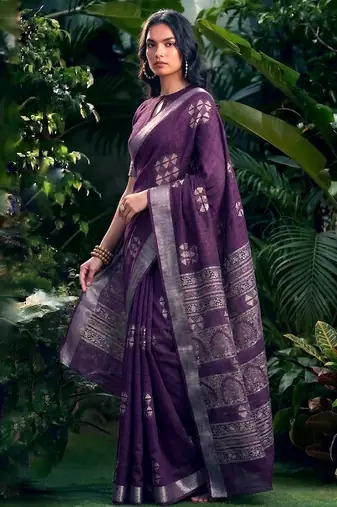 Traditional printed slub silk zari border saree