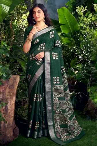 Traditional printed slub silk zari border saree