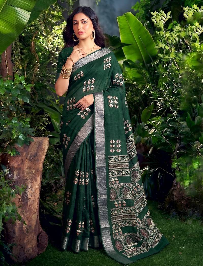 Traditional printed slub silk zari border saree