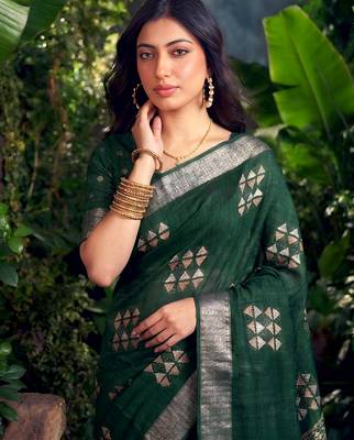 Traditional printed slub silk zari border saree 2