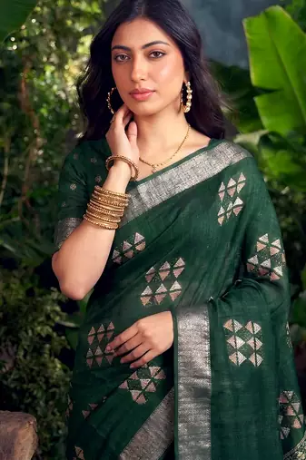 Traditional printed slub silk zari border saree