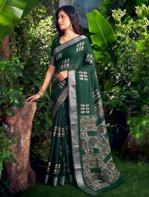 Traditional printed slub silk zari border saree 3