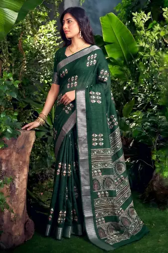 Traditional printed slub silk zari border saree