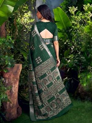 Traditional printed slub silk zari border saree 4