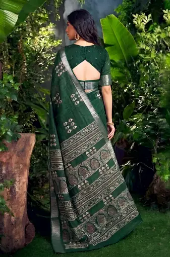 Traditional printed slub silk zari border saree
