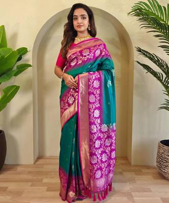 Teal art silk  woven saree 1