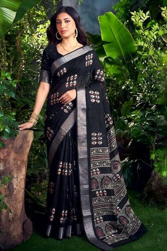 Traditional printed slub silk zari border saree