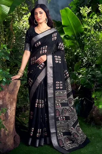 Traditional printed slub silk zari border saree