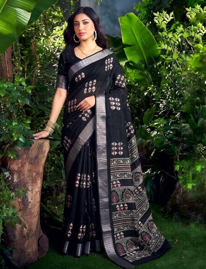 Traditional printed slub silk zari border saree