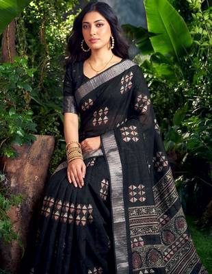 Traditional printed slub silk zari border saree 2